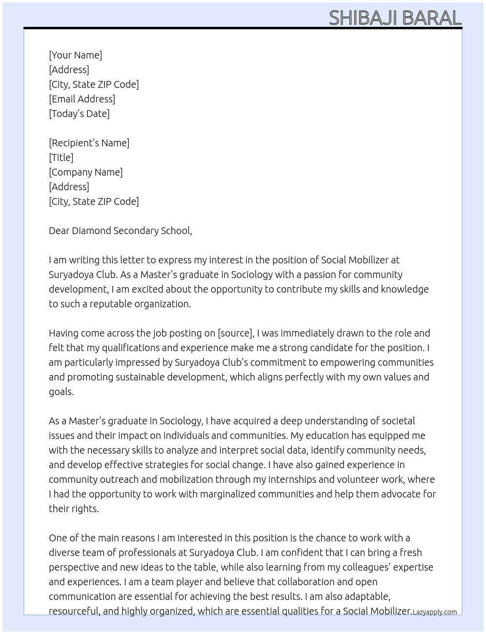Social Mobilizer  At Suryadoya Club  Cover Letter