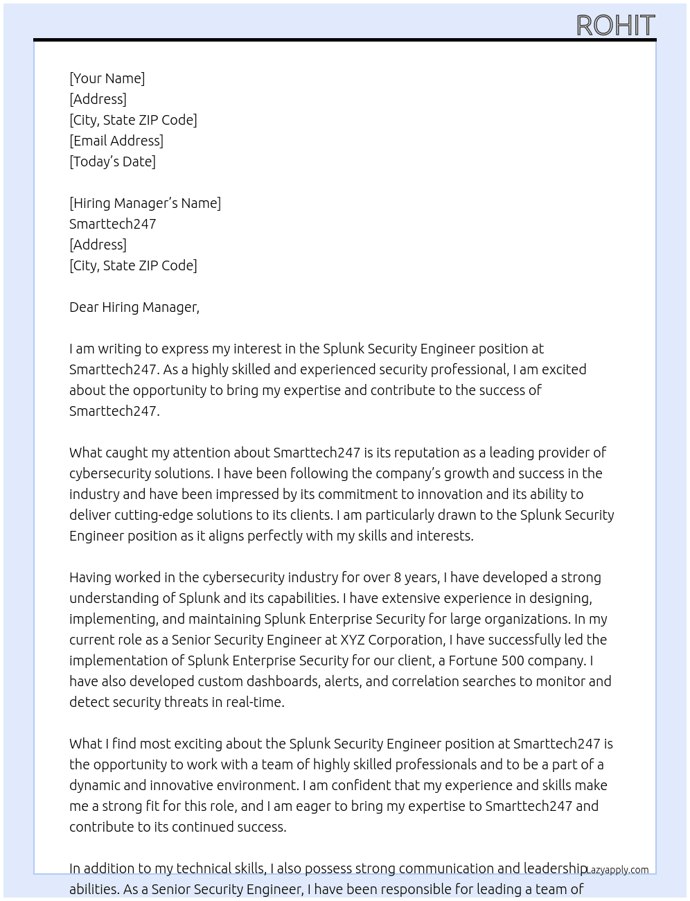 Splunk Security Engineer At Smarttech247 Cover Letter