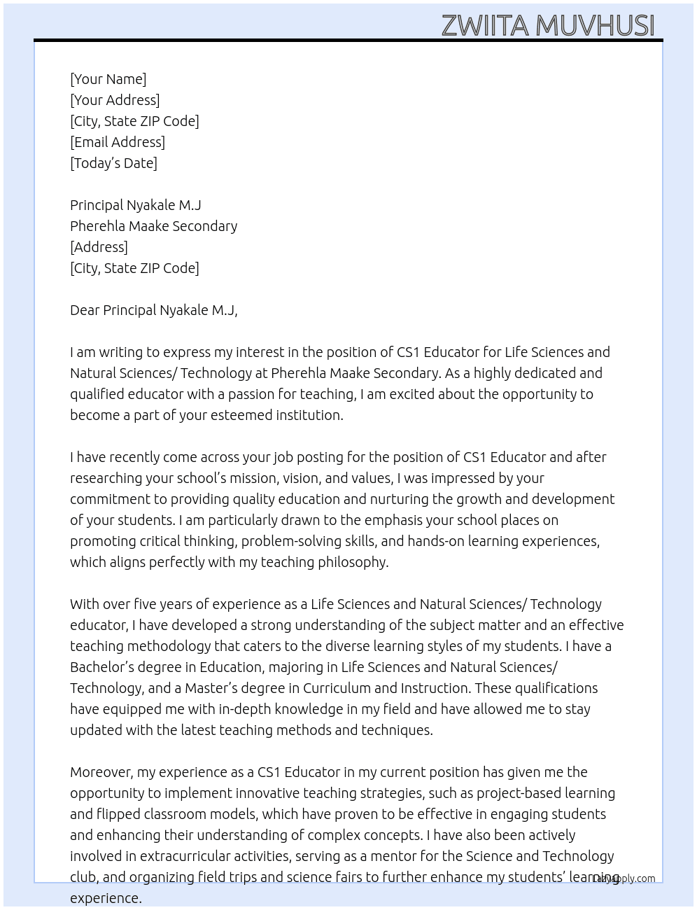 CS1 Educator for Life Sciences and Natural Sciences/ Technology At Pherehla Maake Secondary  Cover Letter