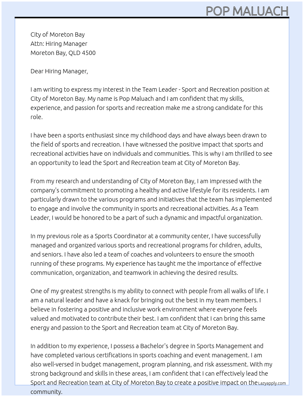 Team Leader - Sport and Recreation At City of Moreton Bay Cover Letter