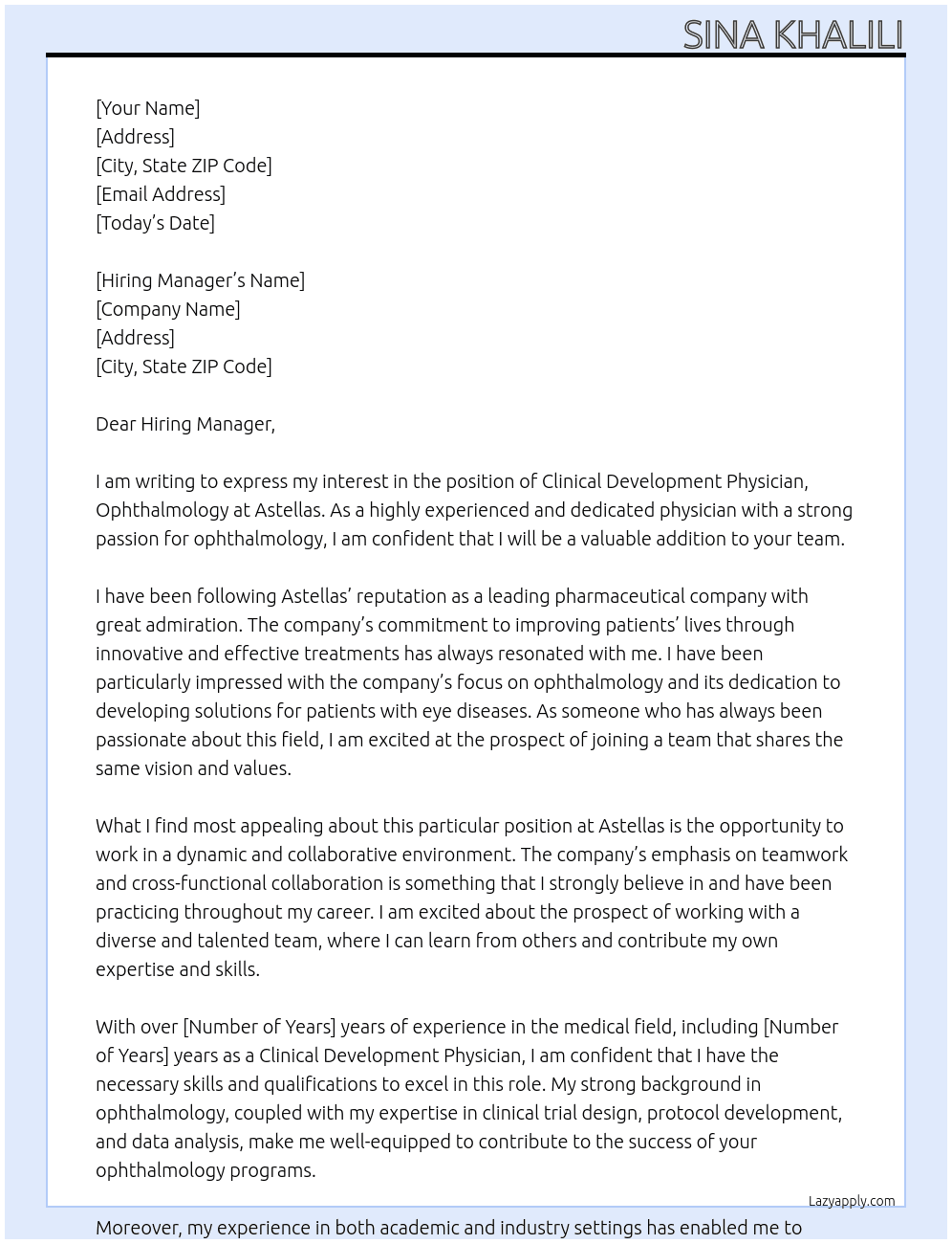 Clinical Development Physician, Ophthalmology At Astellas Cover Letter