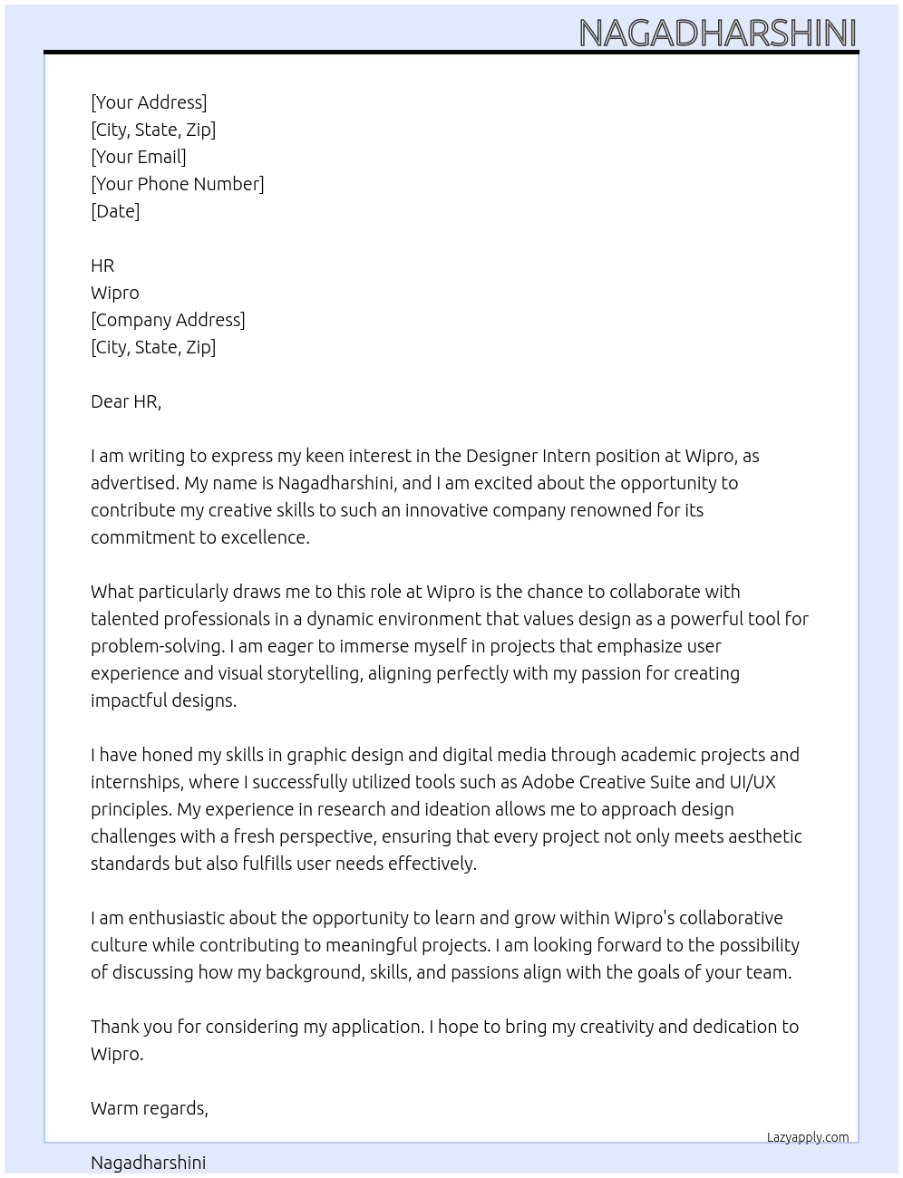 Cover letter for designer -intern - LazyApply
