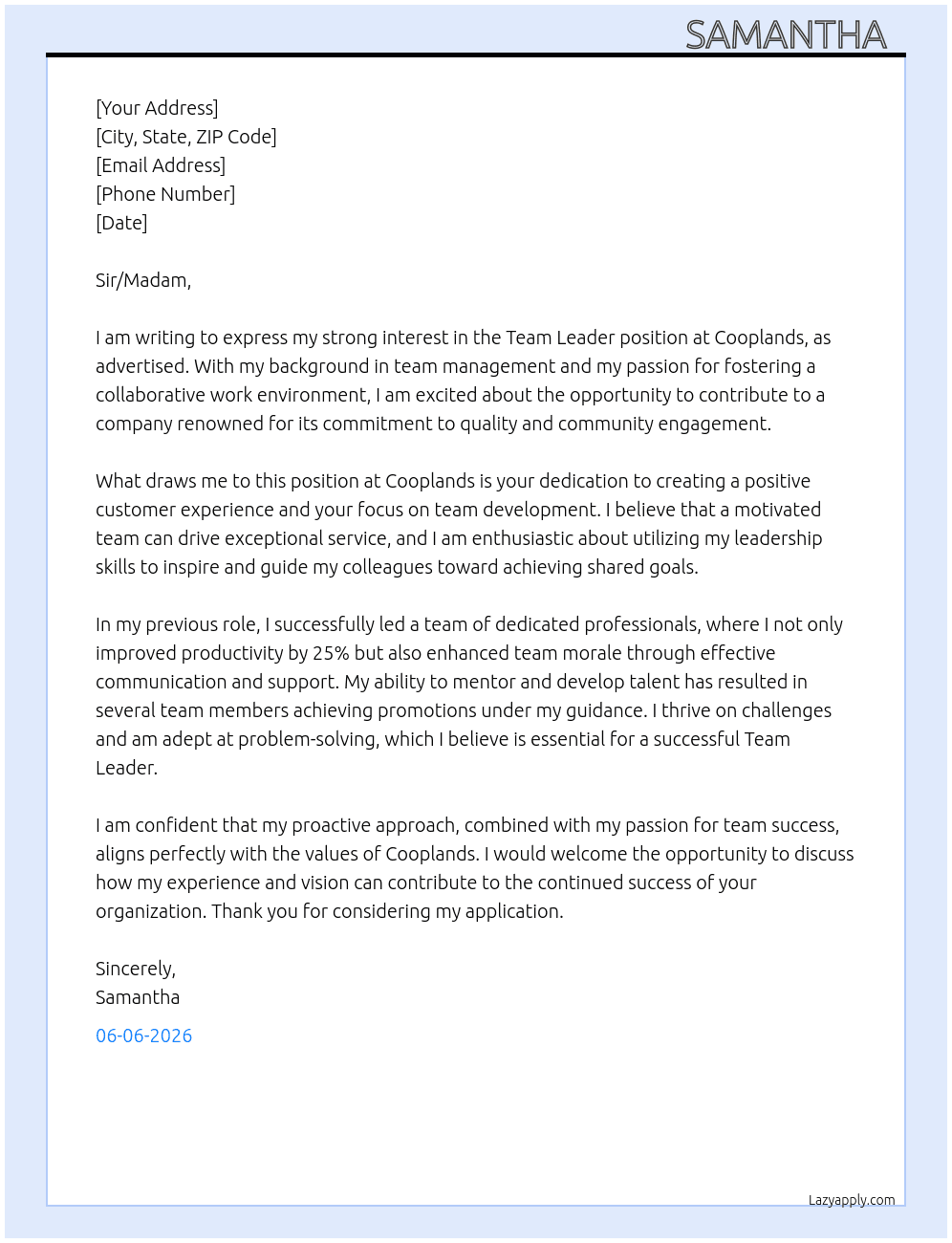 Team leader At Cooplands  Cover Letter