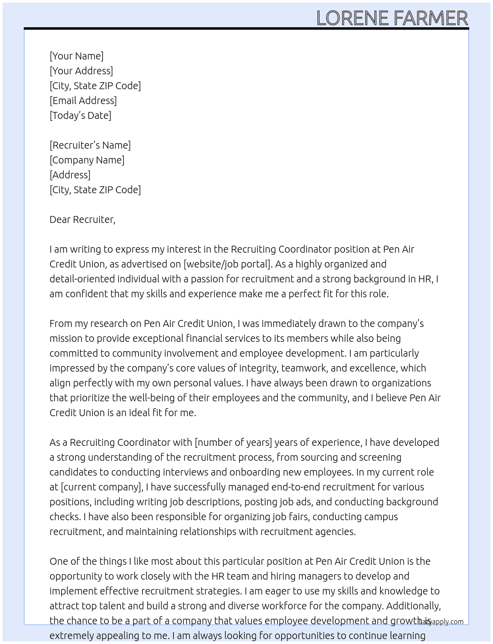 Recruiting Coordinator At Pen Air Credit Union Cover Letter