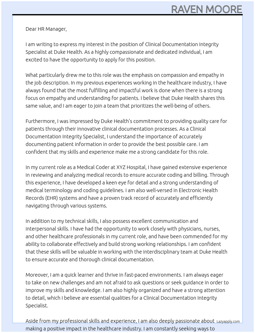 Clinical Documentation Integrity Specialist At Duke Health Cover Letter