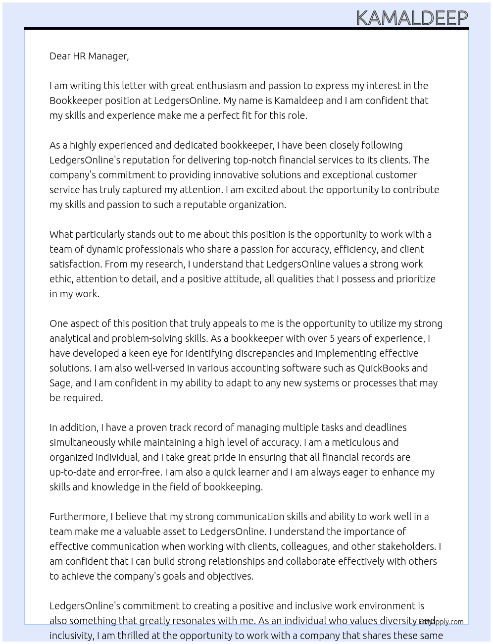 bookkeeper At LedgersOnline Cover Letter