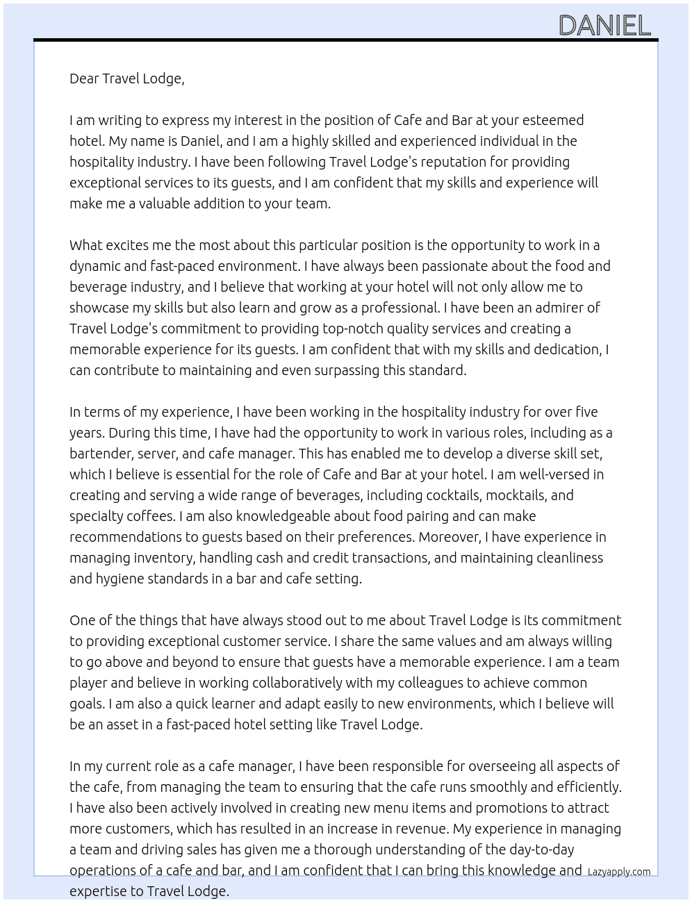 Cafe and bar at hotel  At Travel lodged  Cover Letter