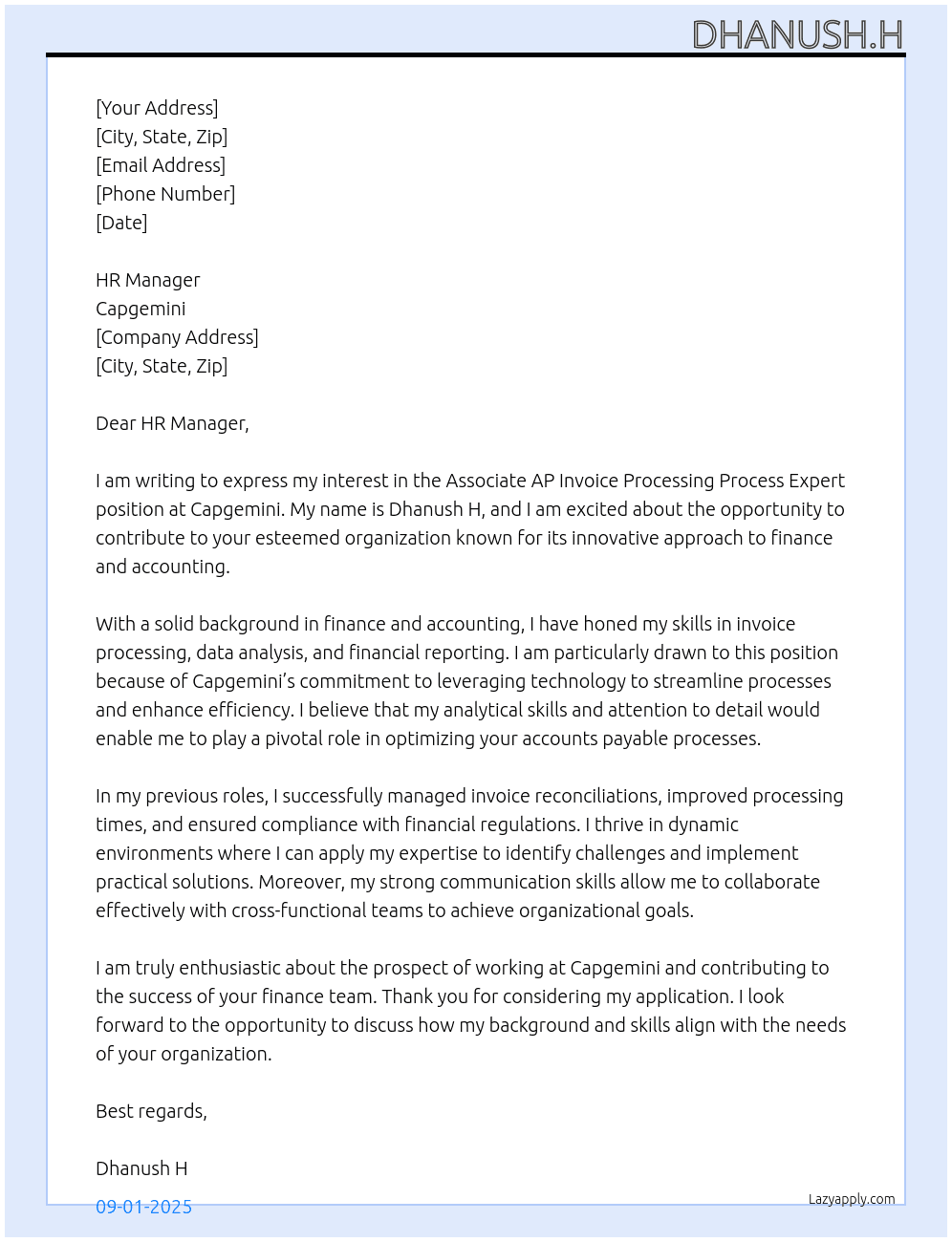 Associate Ap invoice processing process expert At Cap gemini Cover Letter