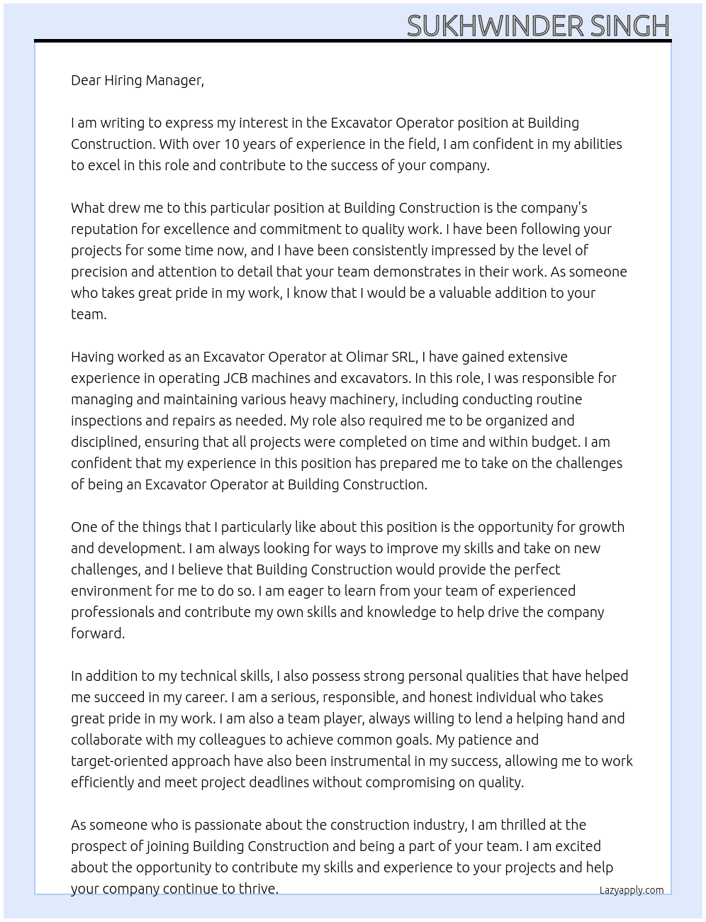Excavator operator  At Building construction  Cover Letter