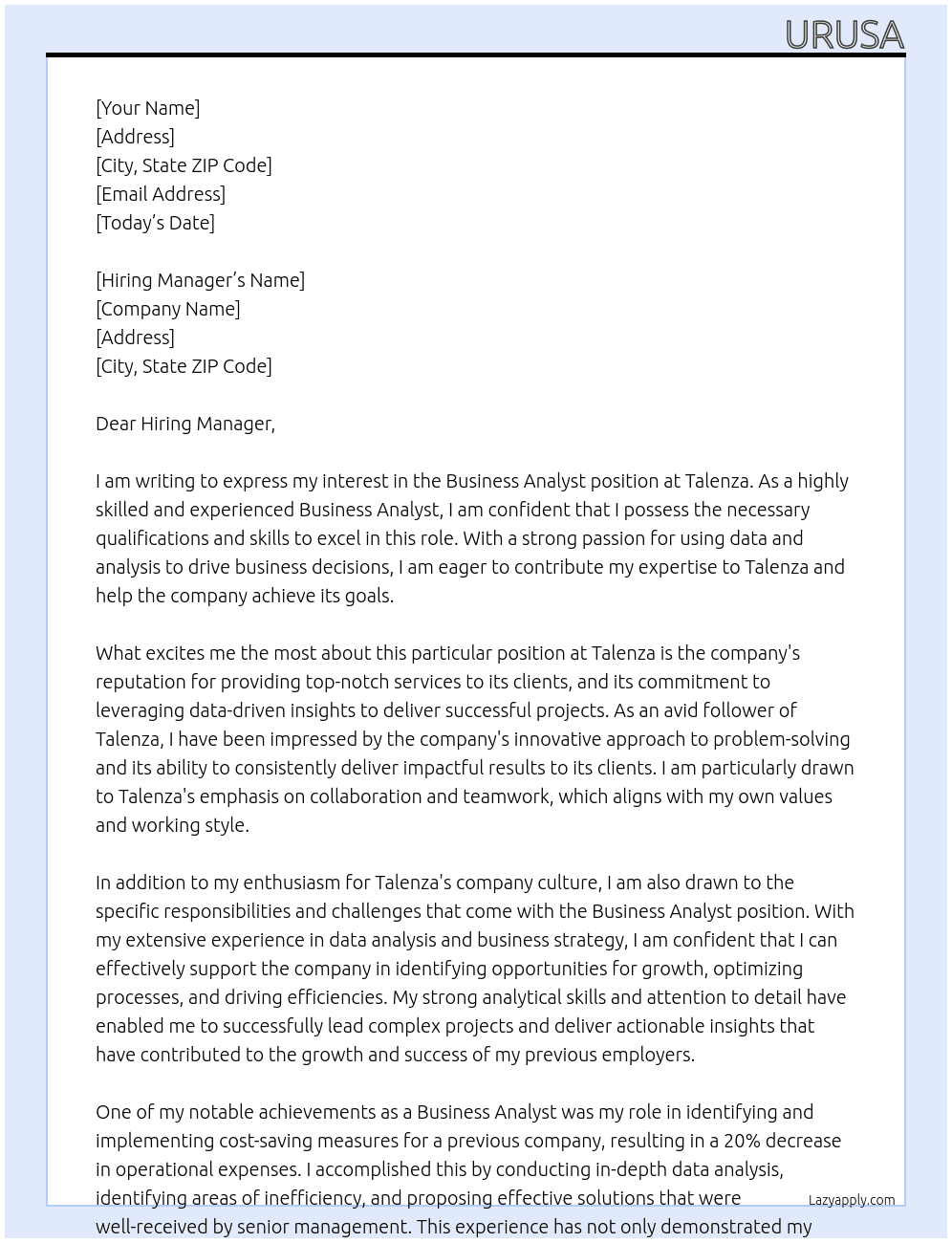 Business Analyst At Talenza Cover Letter