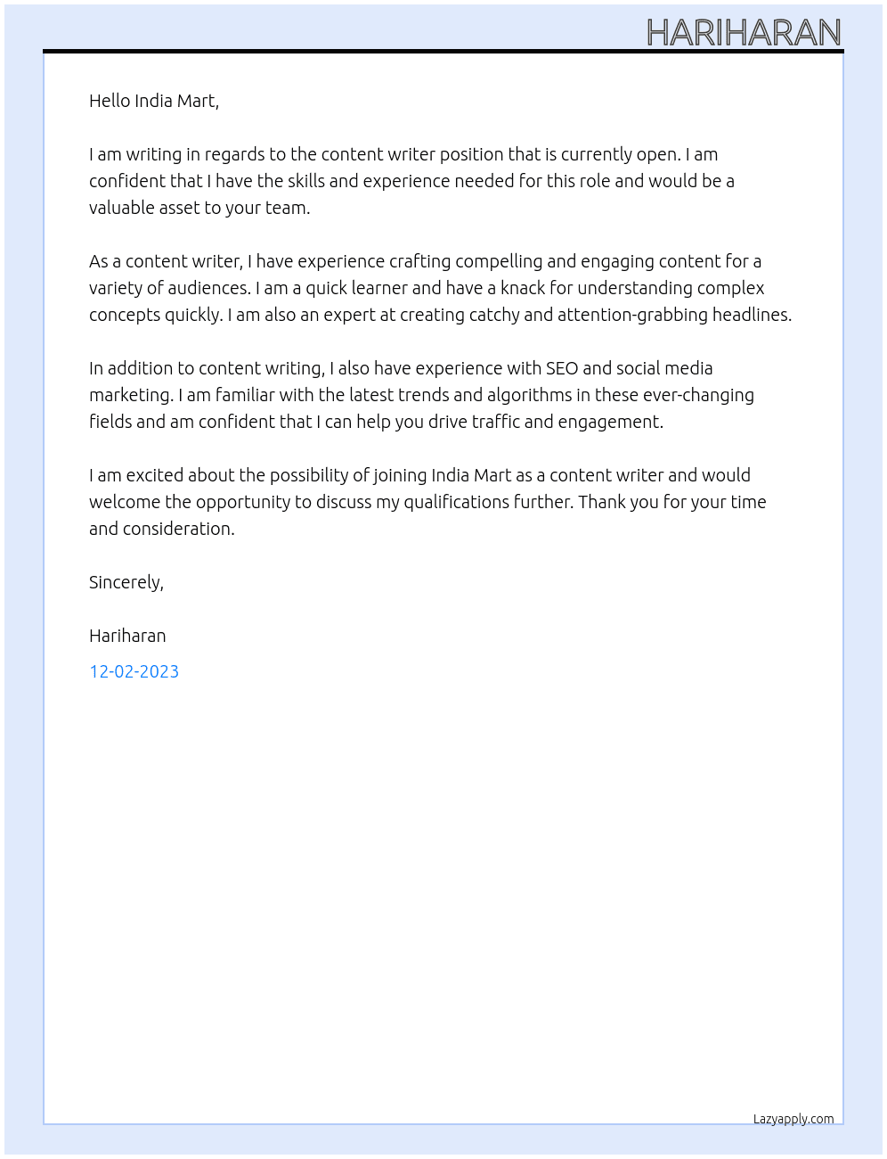 Remote content writer  At India Mart  Cover Letter