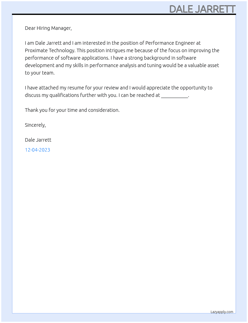 Performance Engineer At Proximate Technology Cover Letter