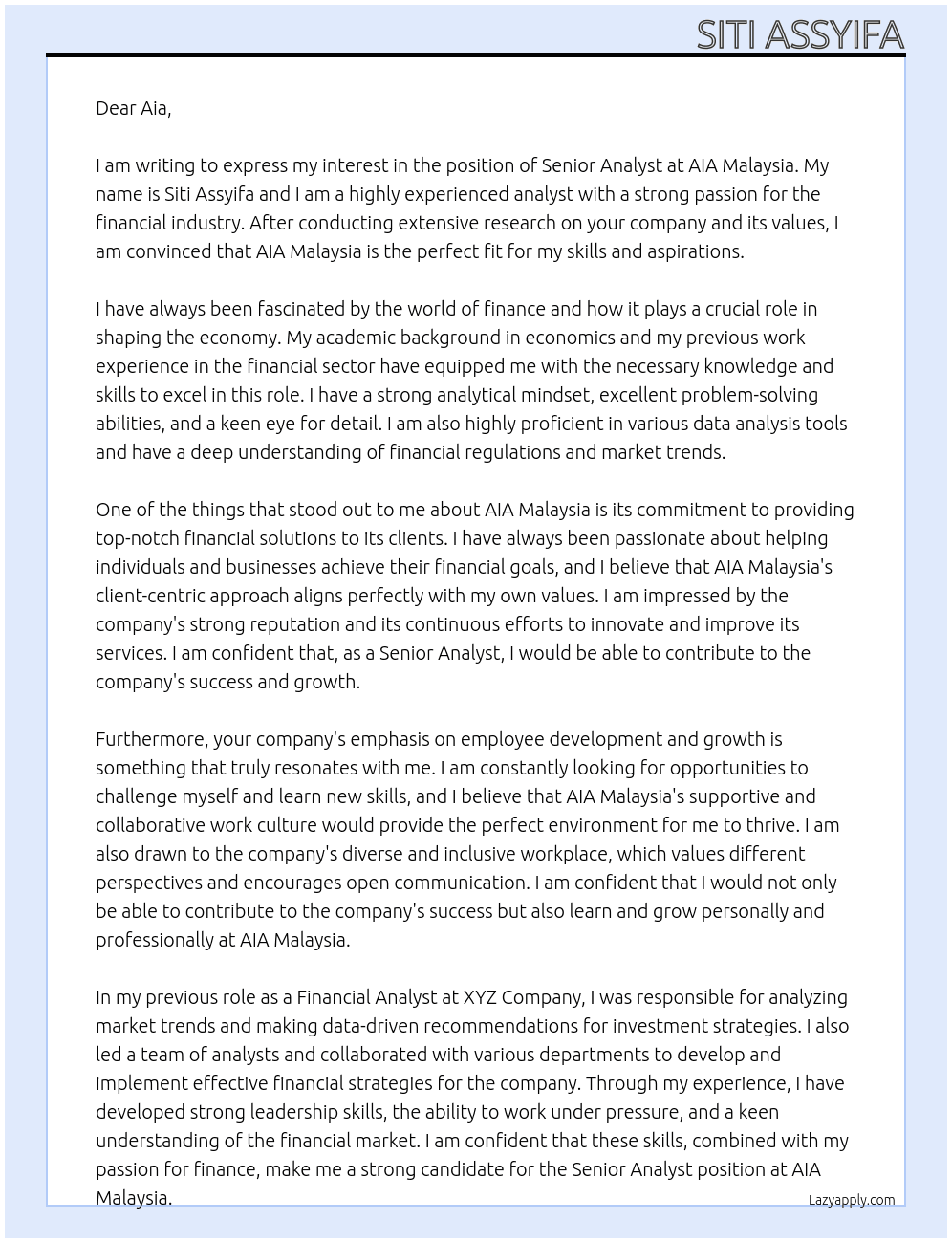 senior analyst At aia malaysia Cover Letter