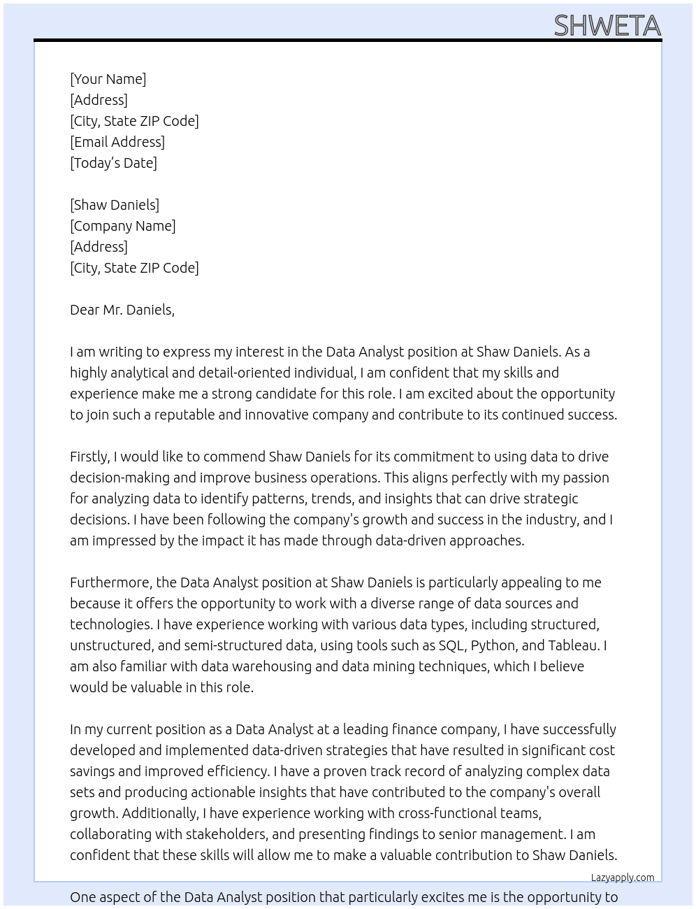 Data Analyst At Shaw Daniels Cover Letter