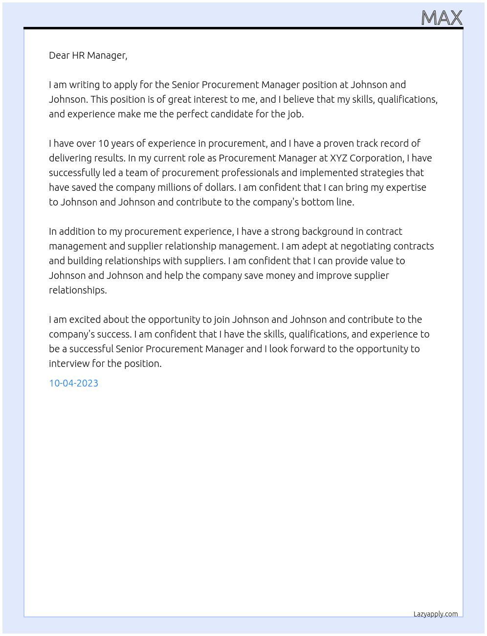 Senior Procurement Manager At Johnson and Johnson Cover Letter