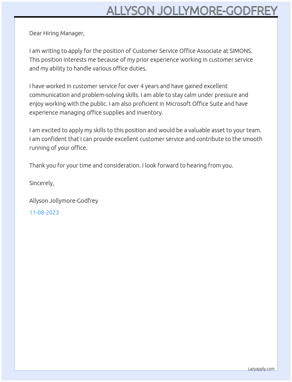 Customer Service Office Associate At SIMONS Cover Letter