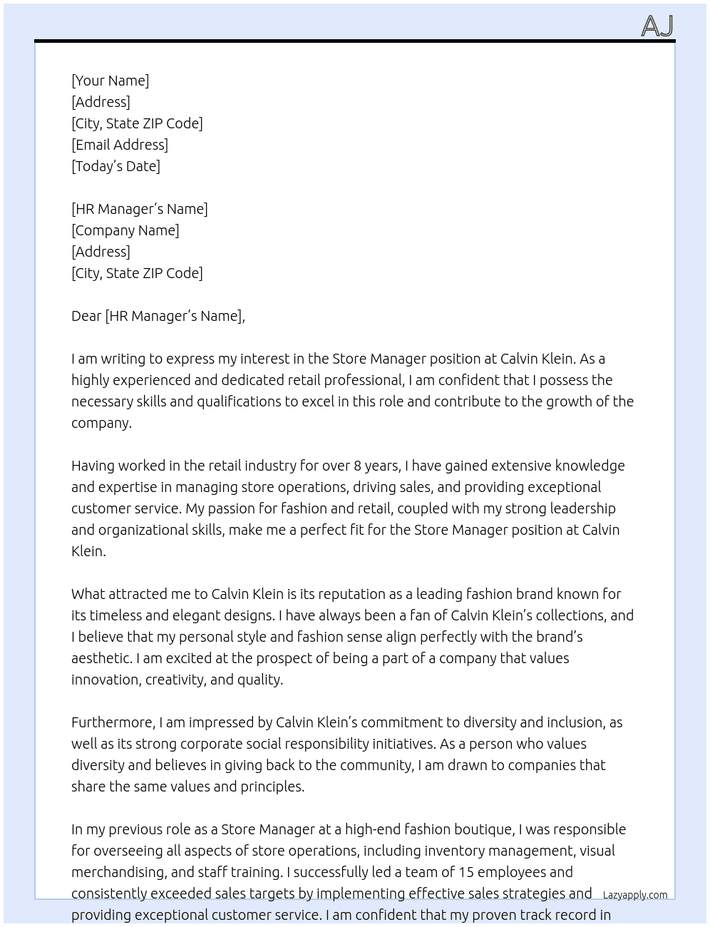 Store Manager At Calvin Klein Cover Letter