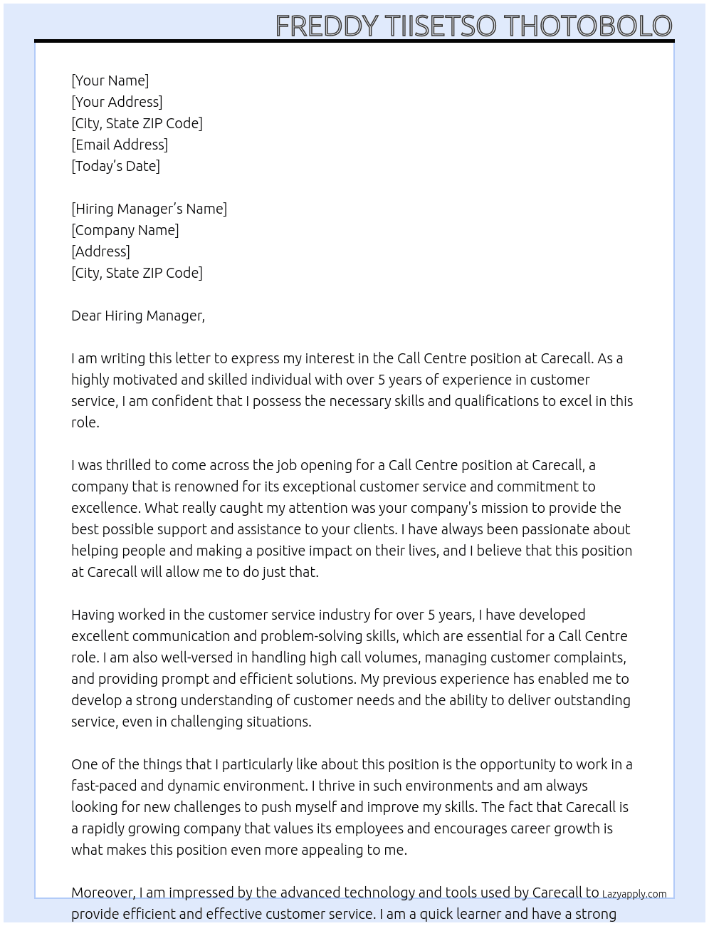 Call centre At Carecall Cover Letter