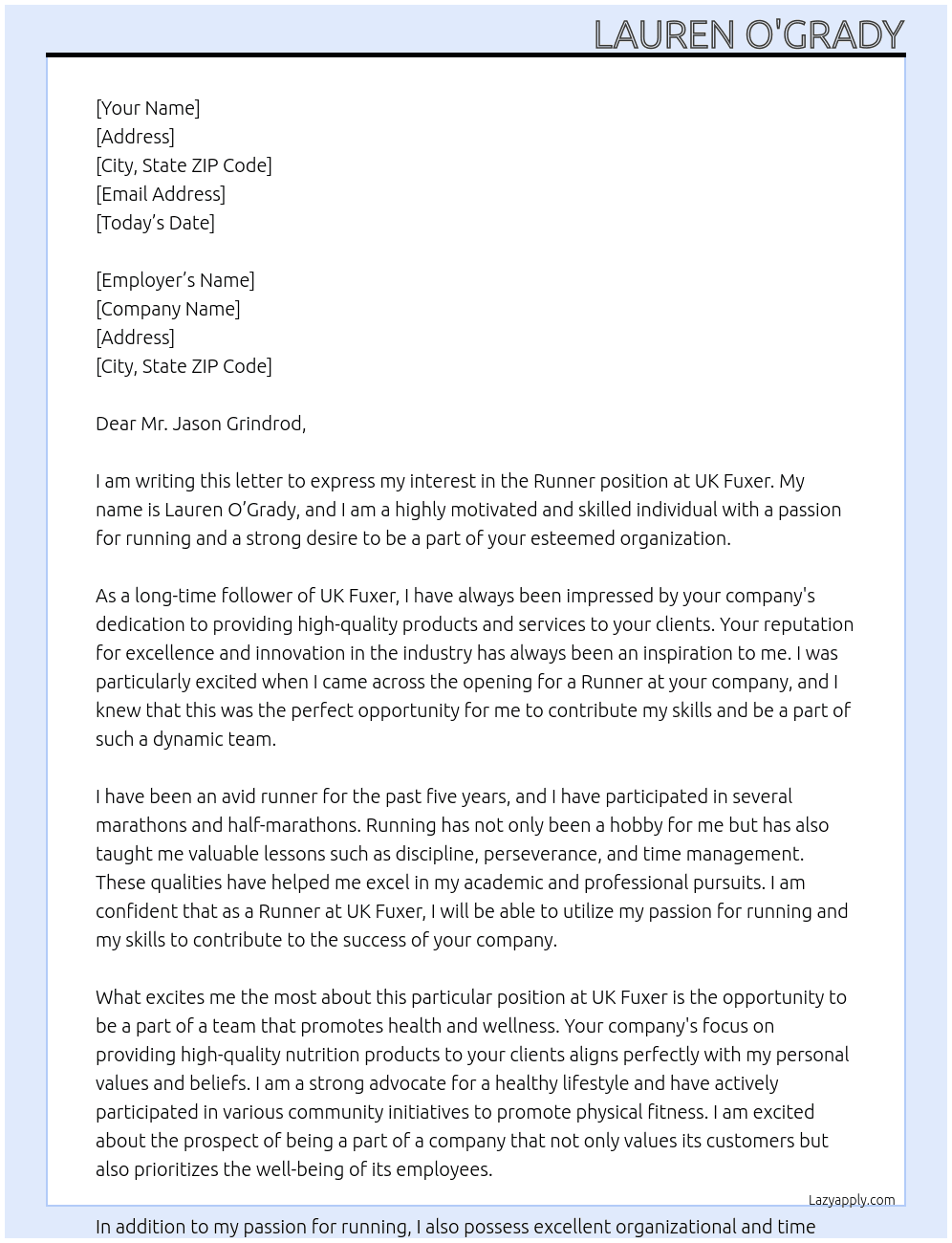 Runner At UK Fuxer Cover Letter