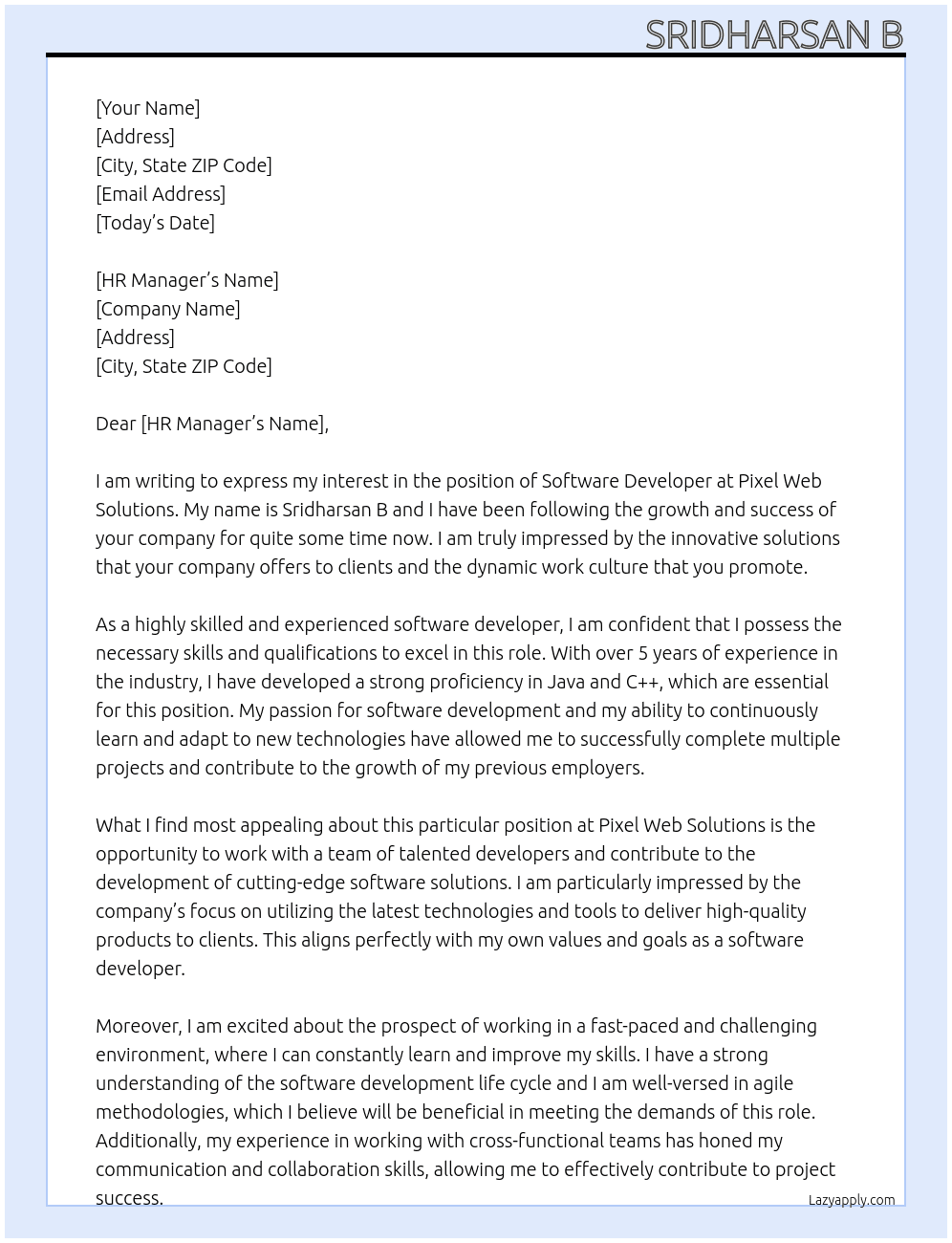 Software developer  At Pixel web solutions  Cover Letter