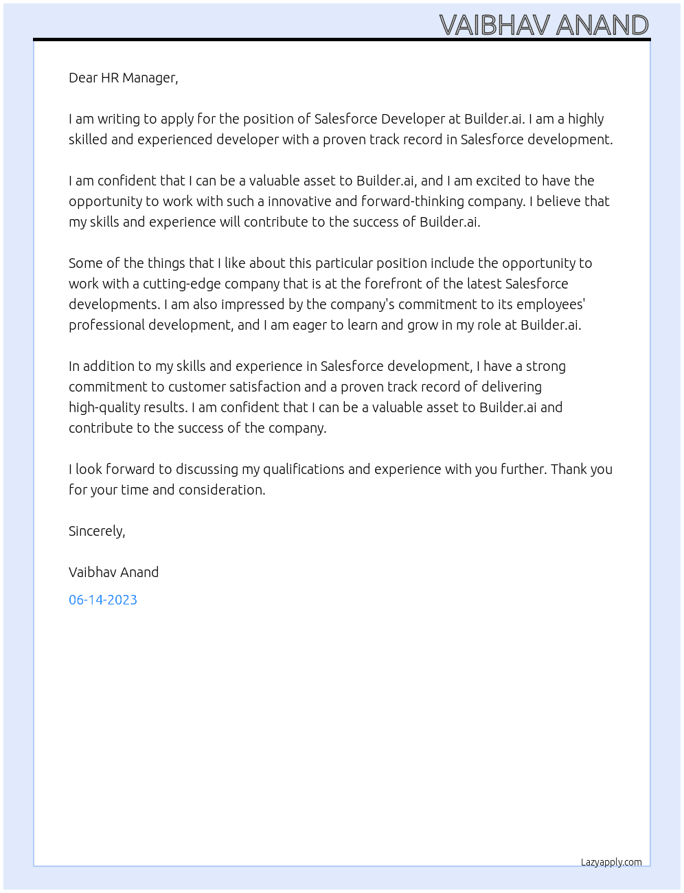 Salesforce Developer At Builder.ai Cover Letter