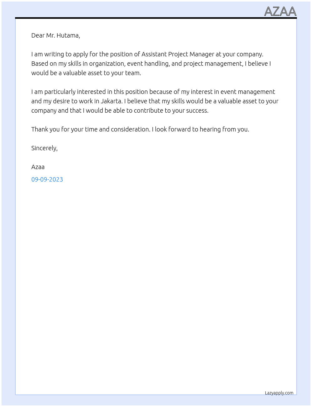 Assistant Project Manager At hutama Cover Letter