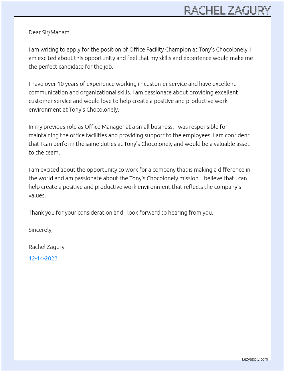 Office facility champion At Tony's Chocolonely Cover Letter