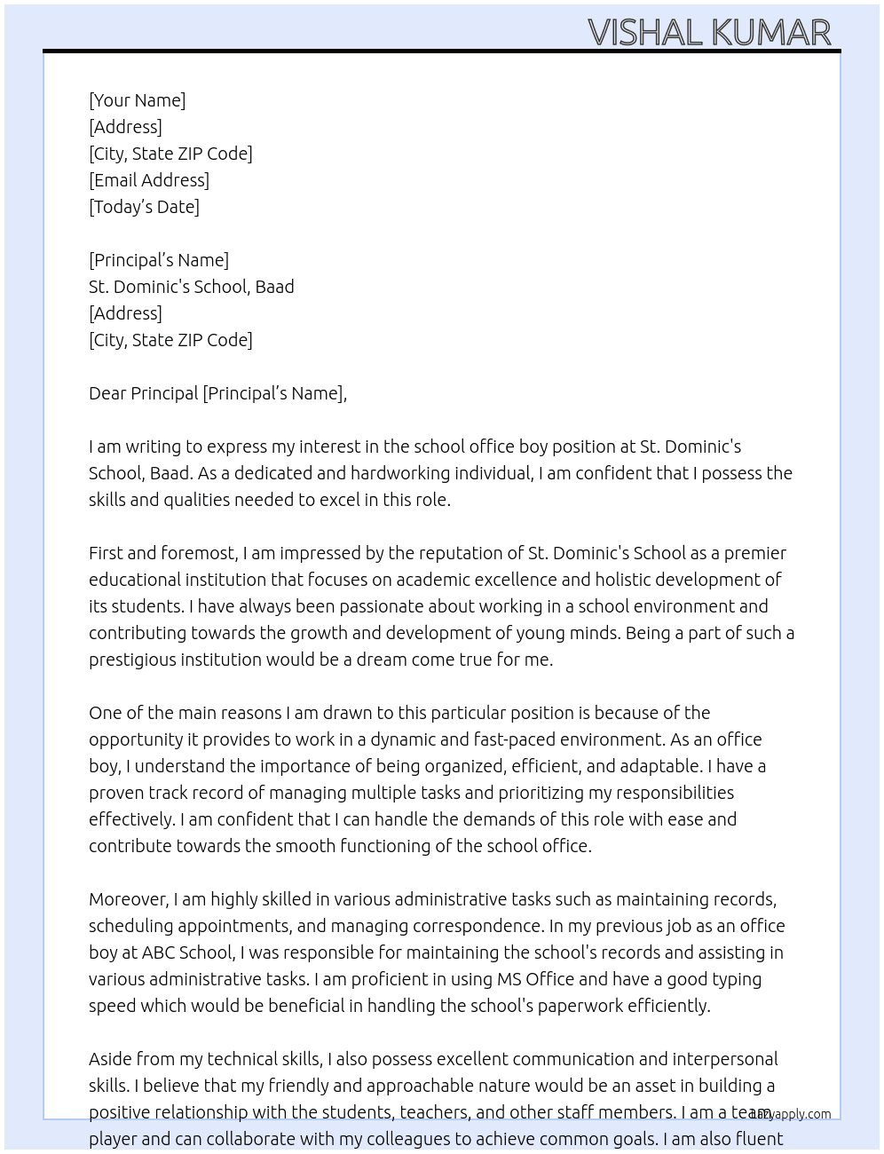 school office boy At St. Dominic's School, Baad  Cover Letter