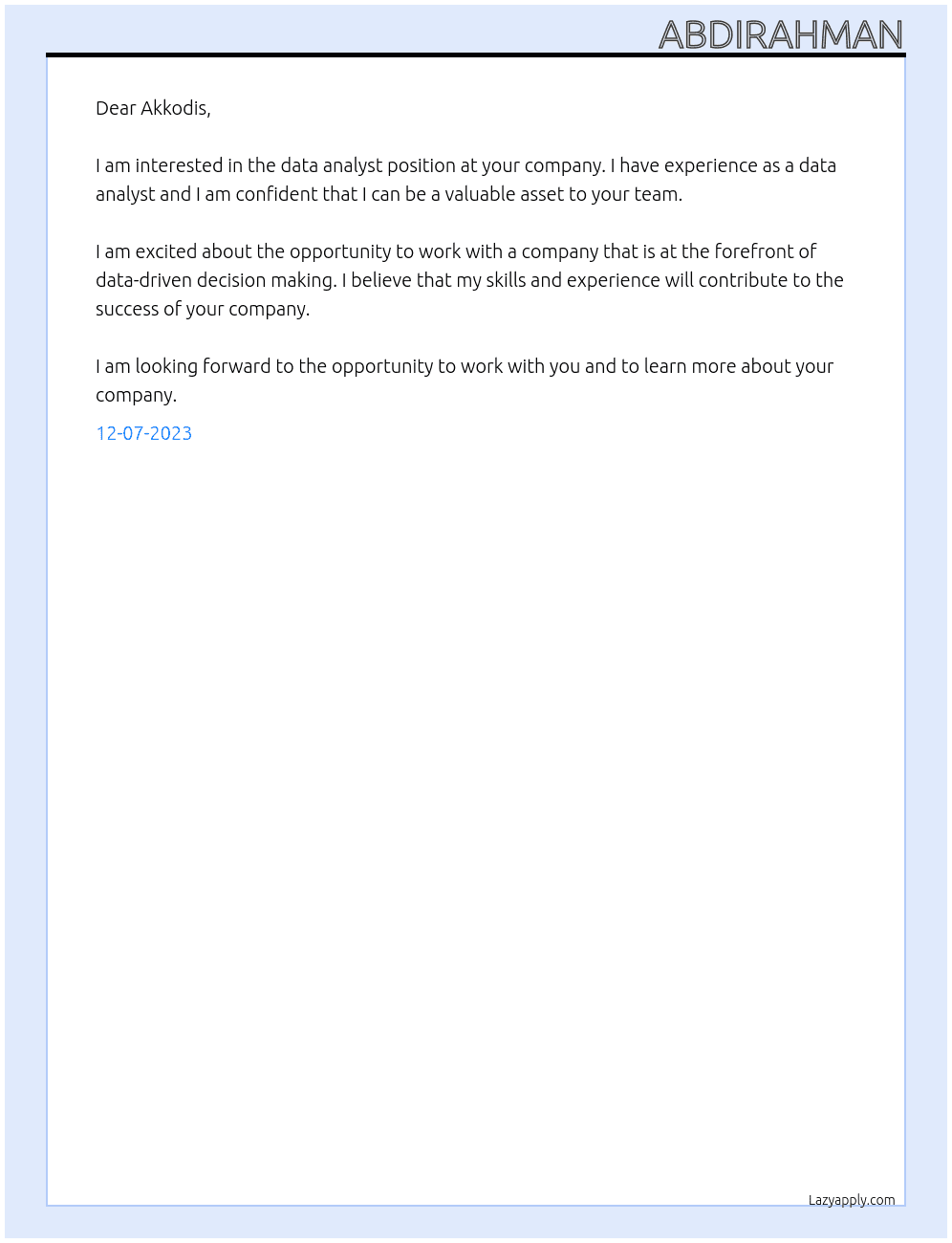Data analyst  At Akkodis  Cover Letter
