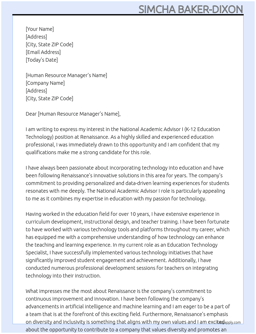 National Academic Advisor I (K-12 Education Technology) At Renaissance  Cover Letter