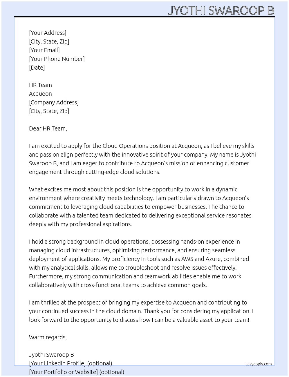 Cloud Ops At Acqueon Cover Letter