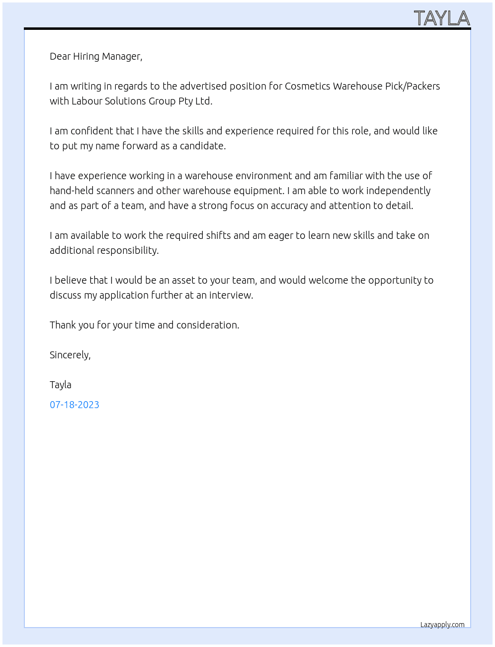 Cosmetics Warehouse Pick/Packers At Labour Solutions Group Pty Ltd Cover Letter