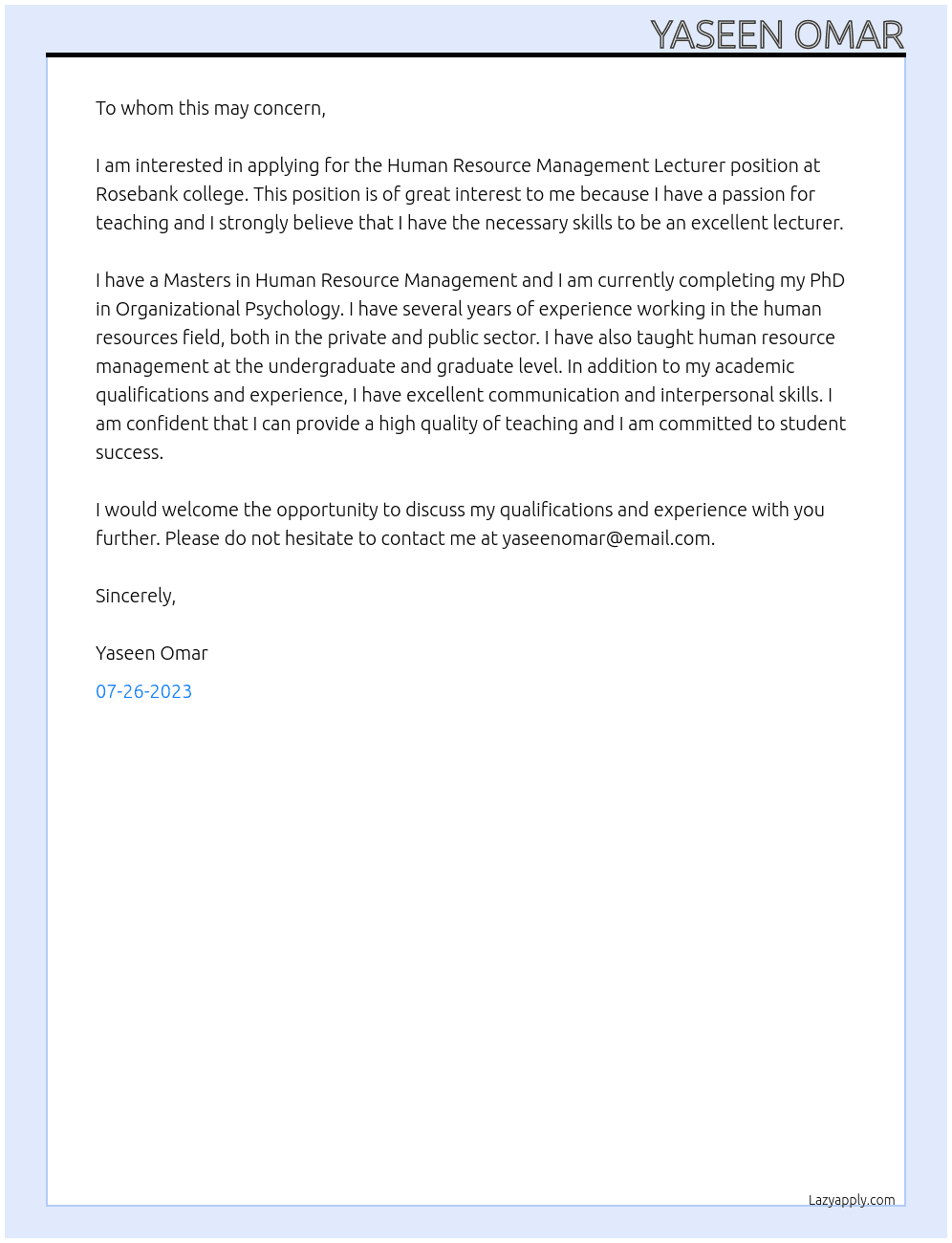 Human Resource Management Lecturer At Rosebank college Cover Letter