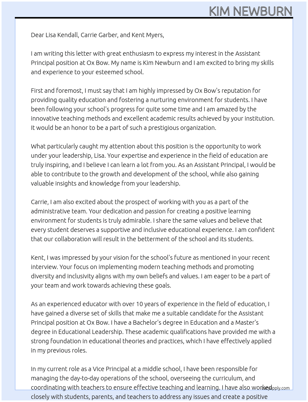 Assistant principal At Ox bow Cover Letter