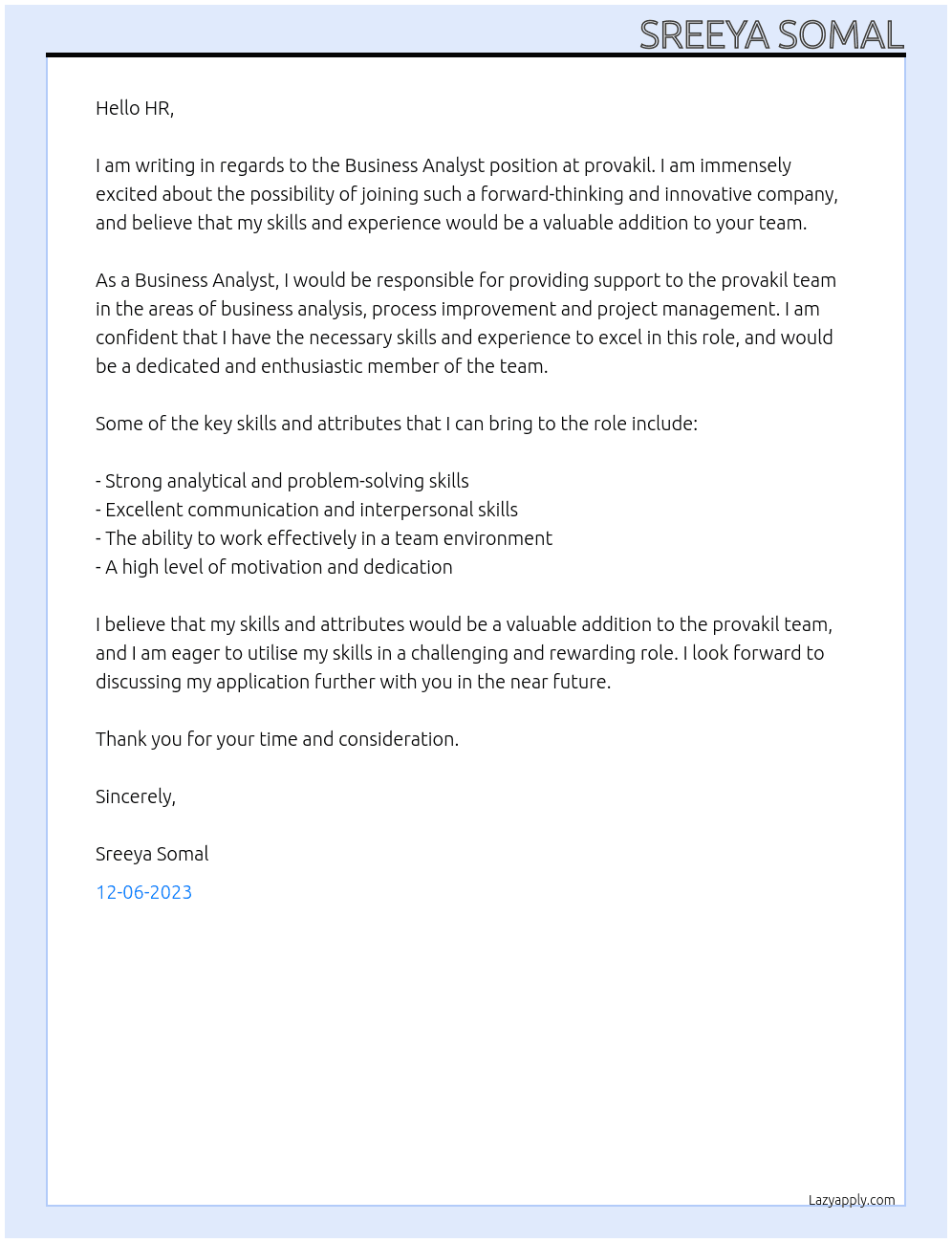 Business Analyst  At provakil  Cover Letter