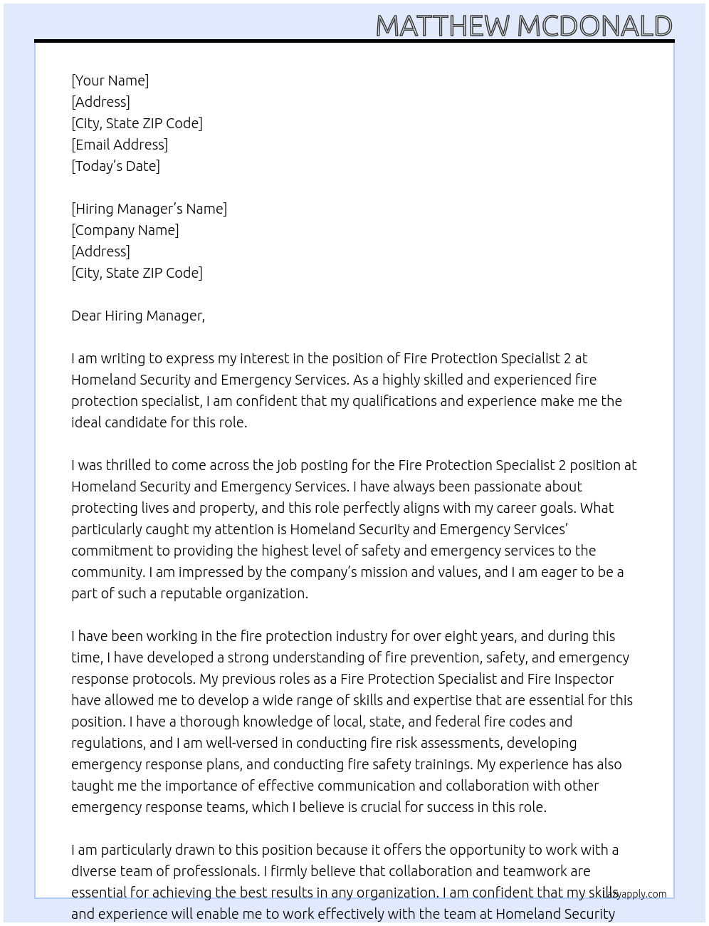 Fire Protection Specialist 2 At Homeland Security and Emergency Services Cover Letter