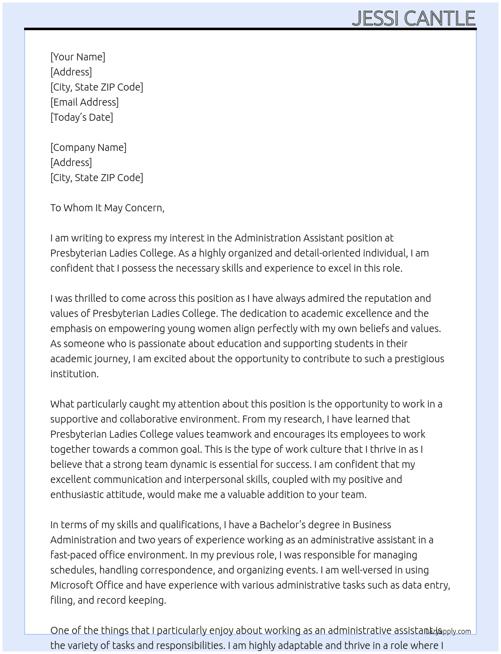 Administration Assistant At Presbyterian Ladies College Cover Letter