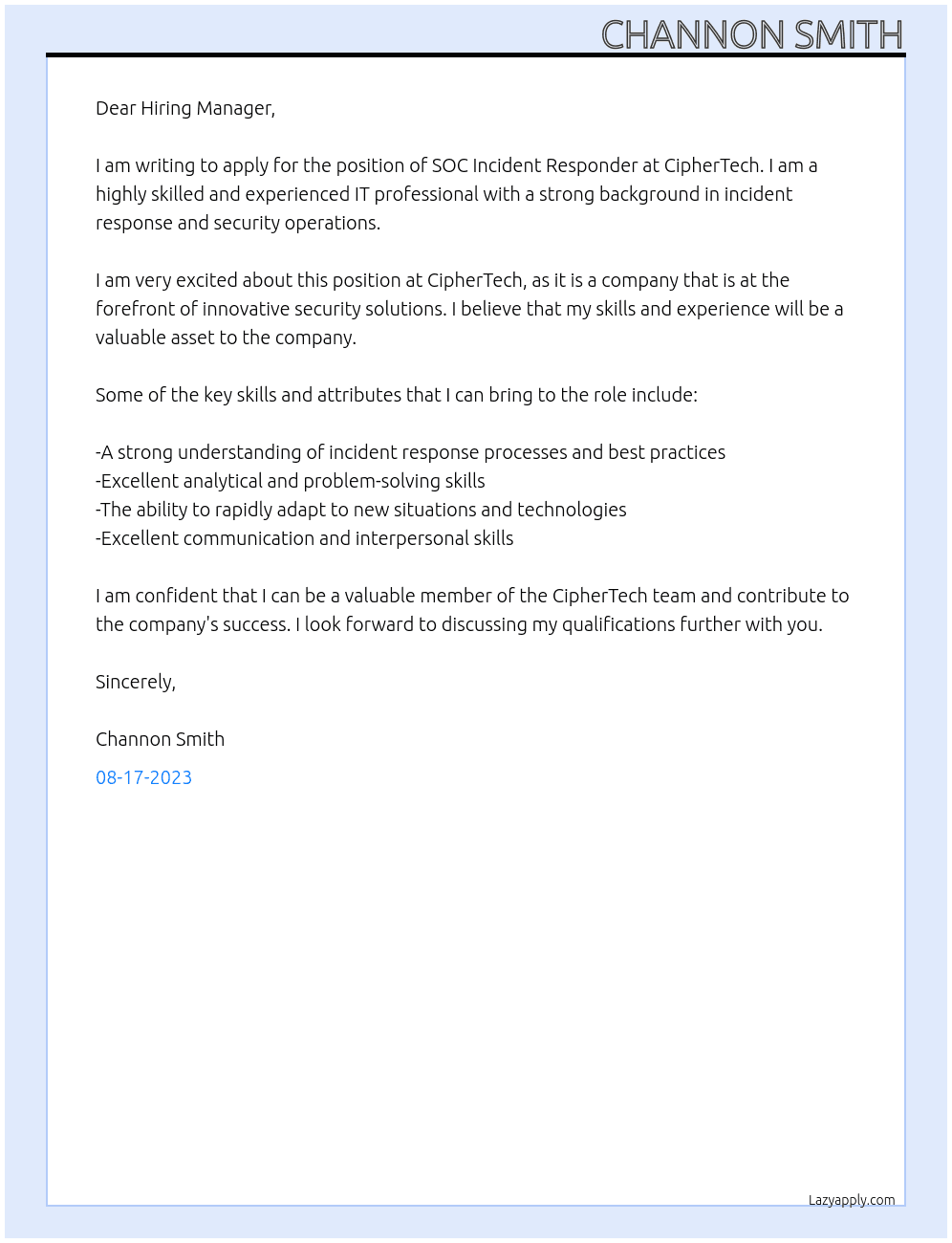 SOC Incident Responder At CipherTech Cover Letter