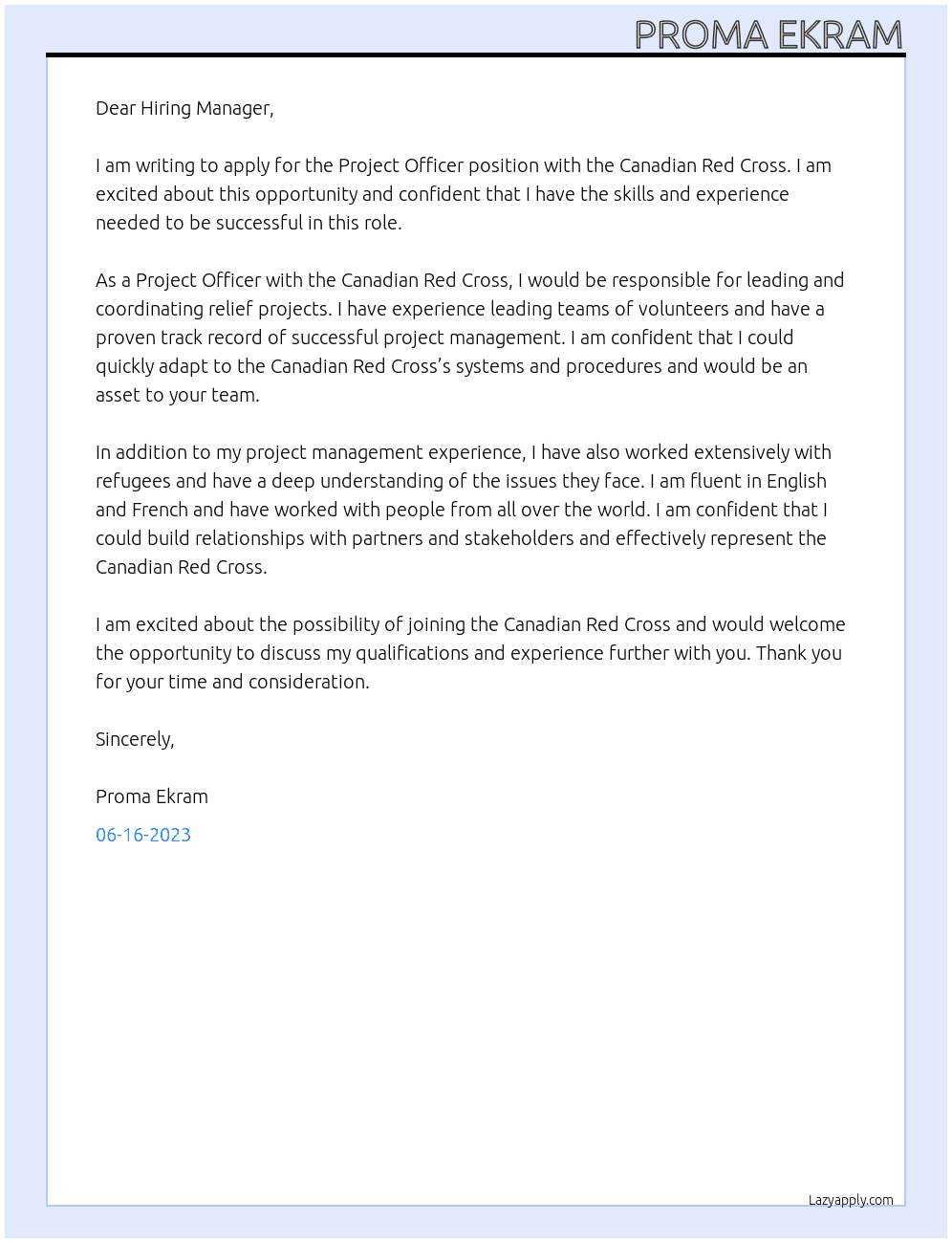Project Officer At Canadian Red Cross Cover Letter