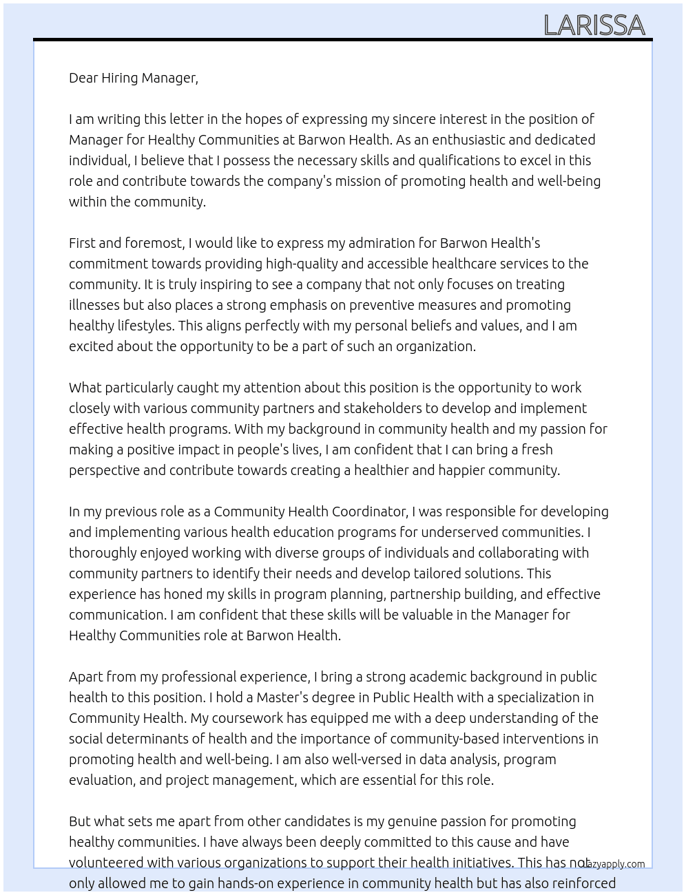 Manager healthy communities At Barwon health  Cover Letter