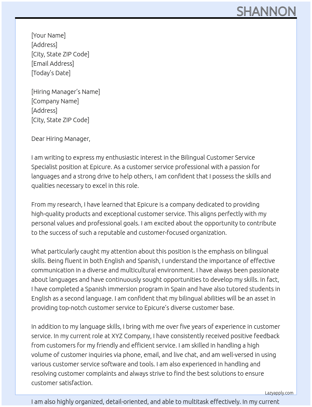 Bilingual Customer Service Specialist At Epicure Cover Letter