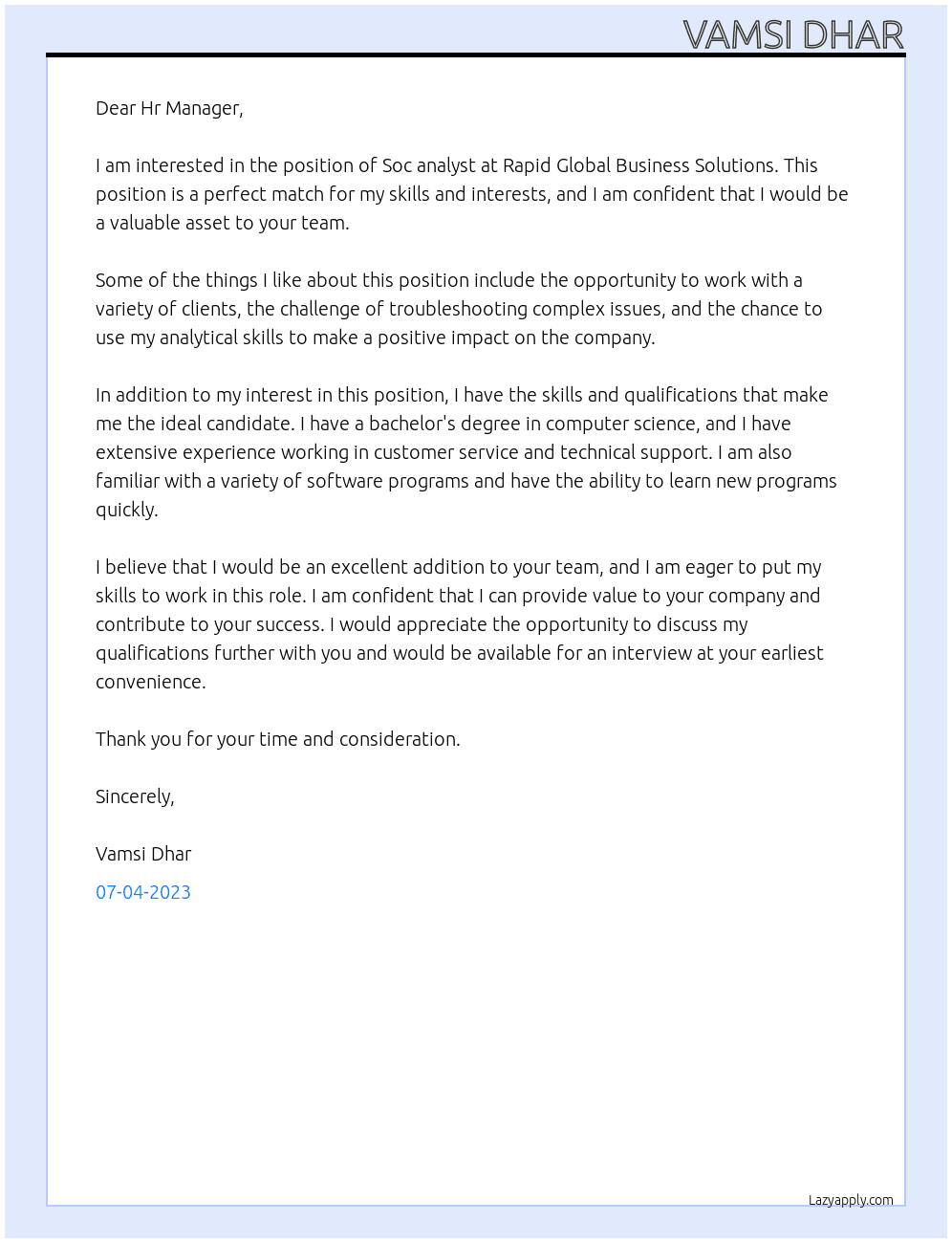 Soc analyst At Rapid Global Business Solutions Cover Letter