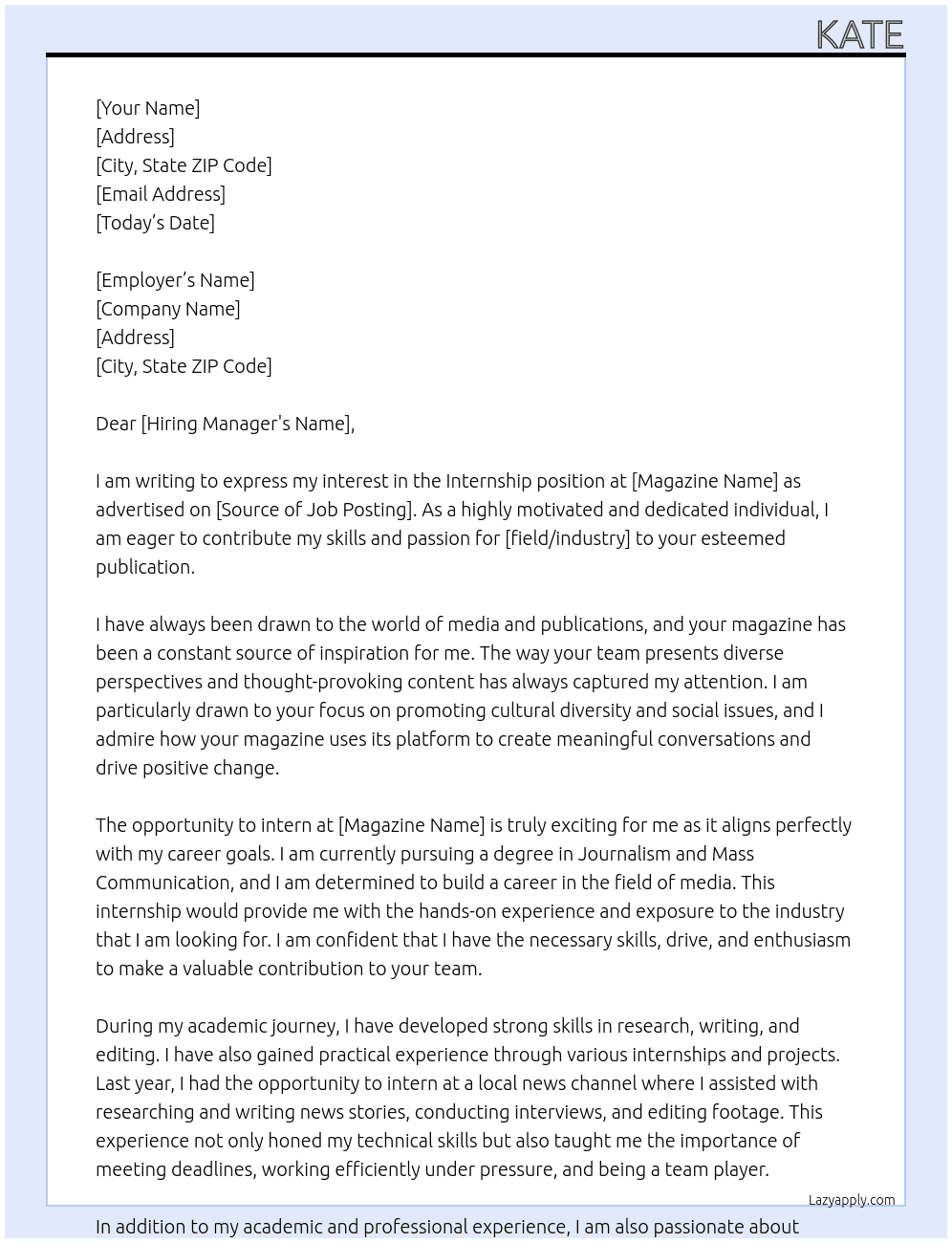 Internship At magazine Cover Letter