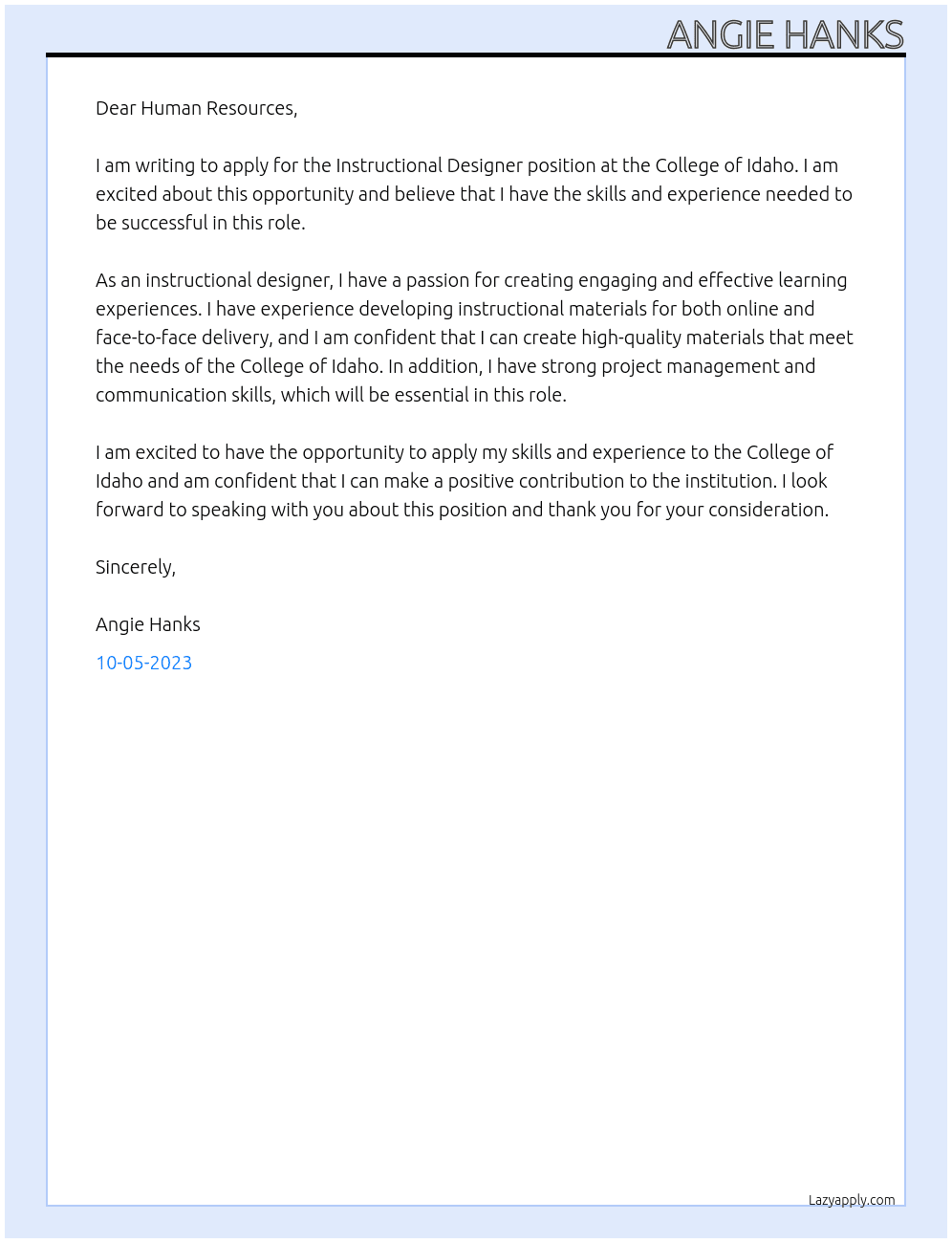 Instructional Designer At College of Idaho Cover Letter