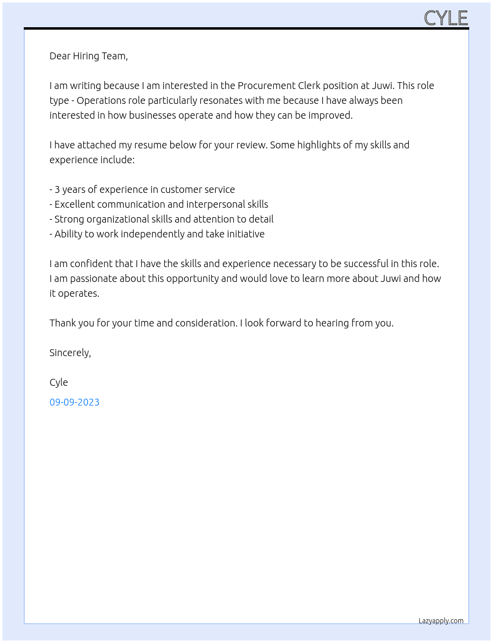 Procurement Clerk At Juwi Cover Letter