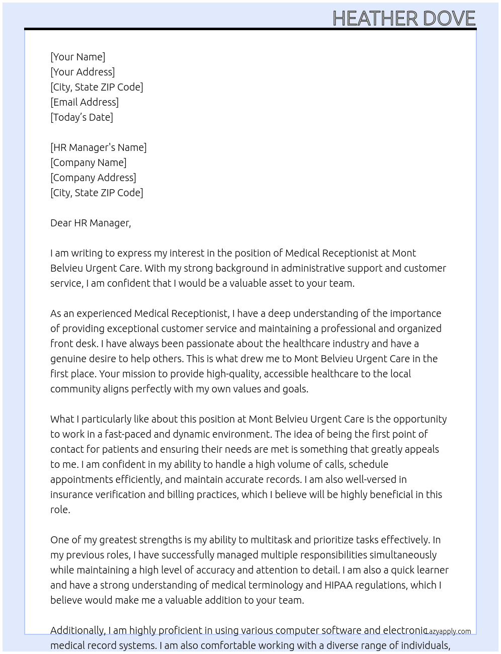 Medical Receptionist At Mont Belvieu Urgent Care Cover Letter