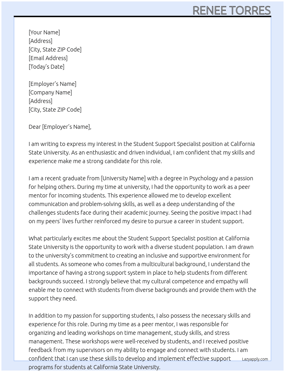 Student Support Specialis At California State University Cover Letter