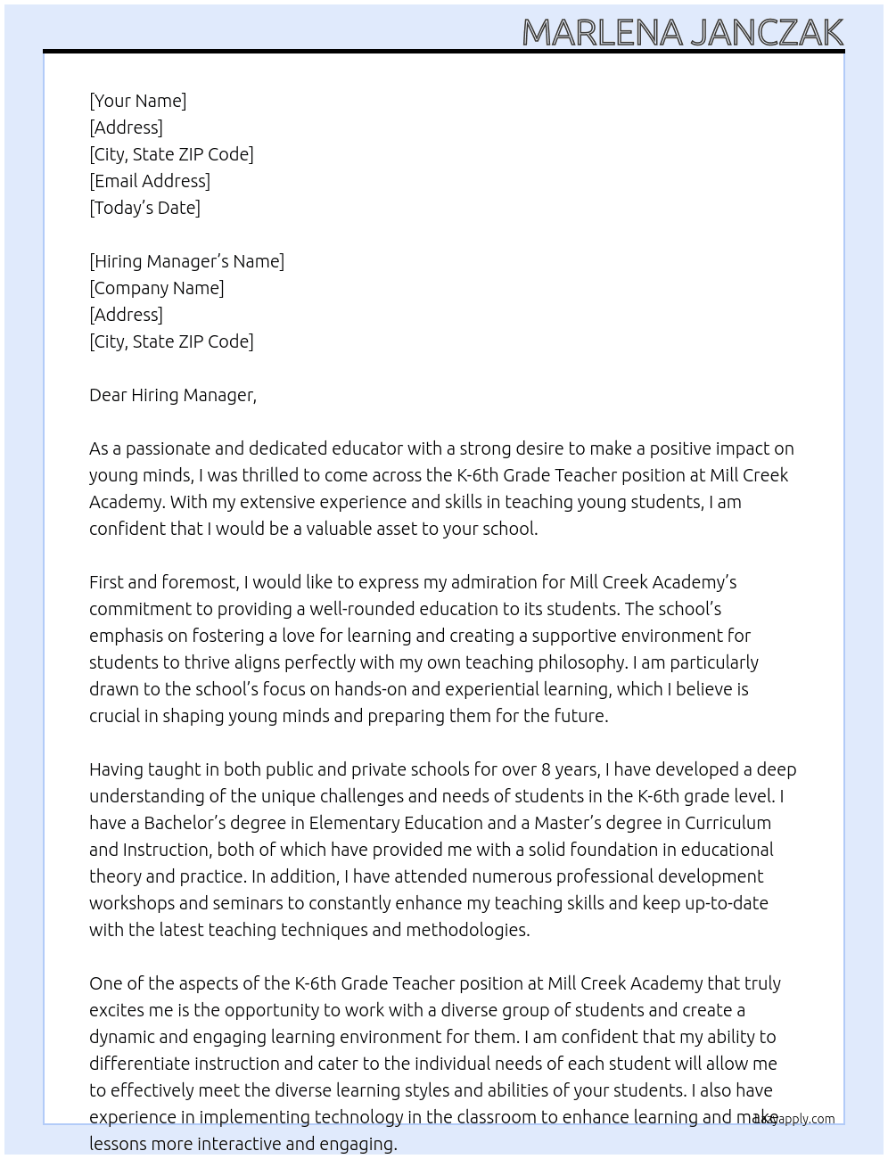 K-6th Grade Teacher At Mill Creek Academy Cover Letter