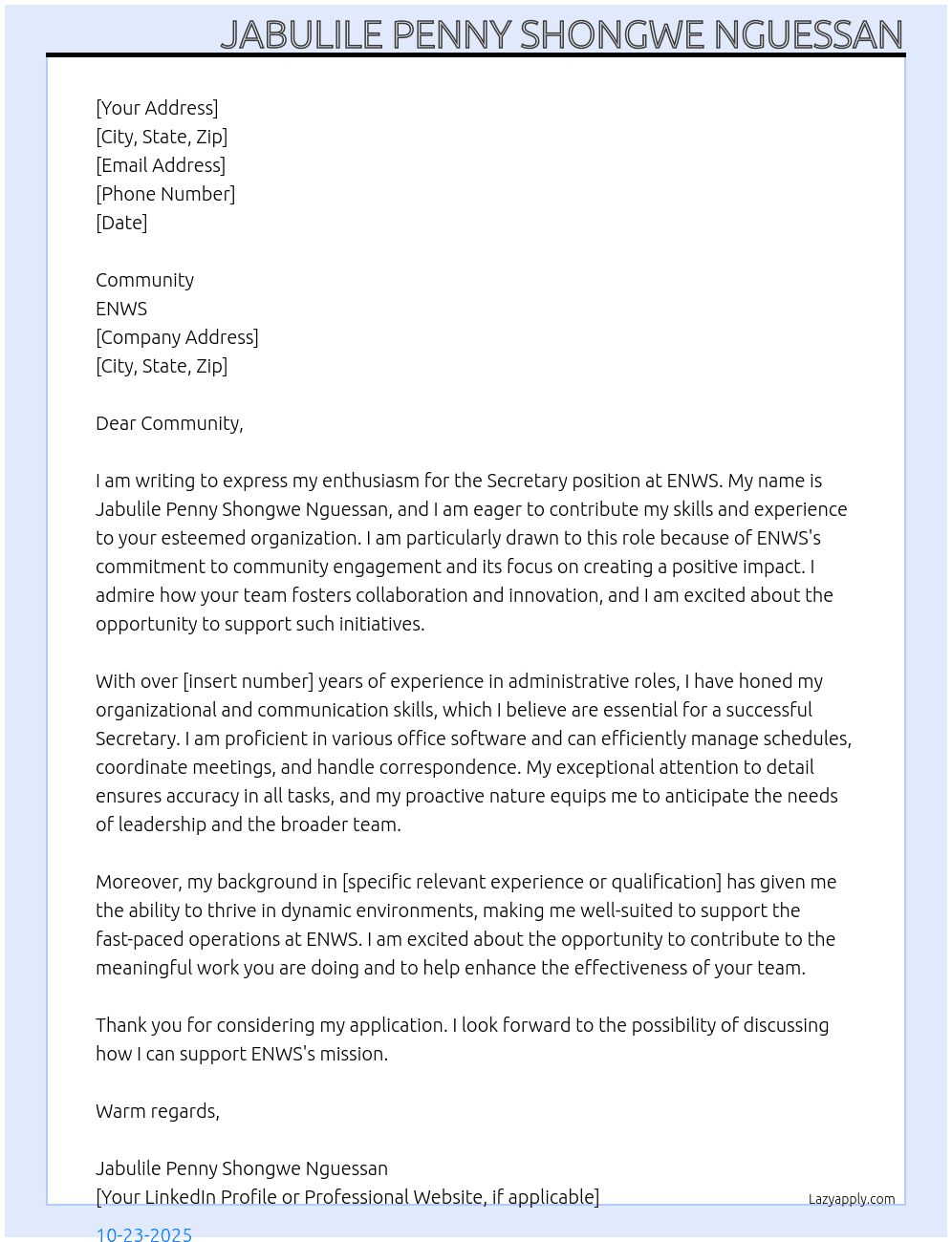 Secretary  At ENWS Cover Letter