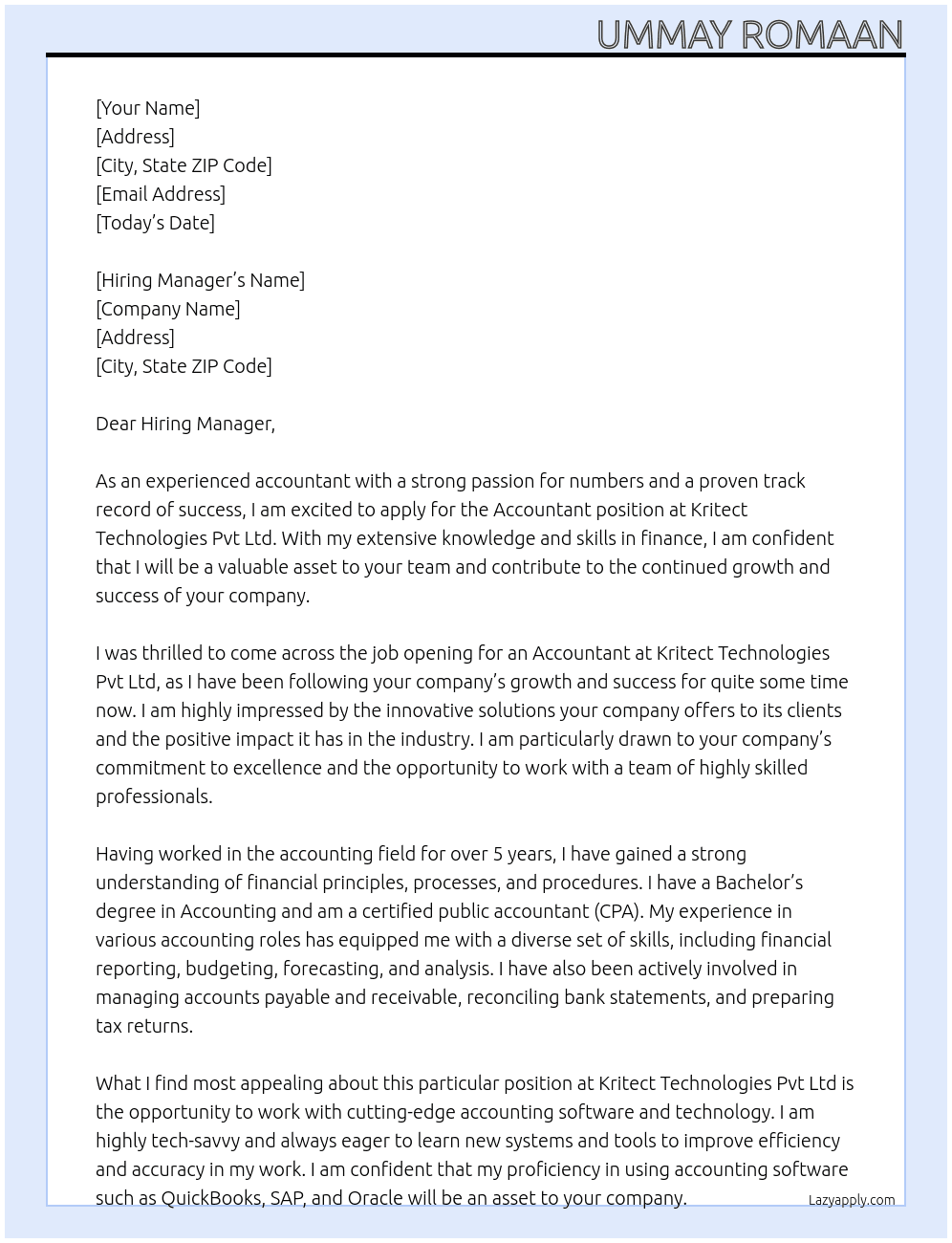 Accountant At Kritect Technologies Pvt Ltd Cover Letter